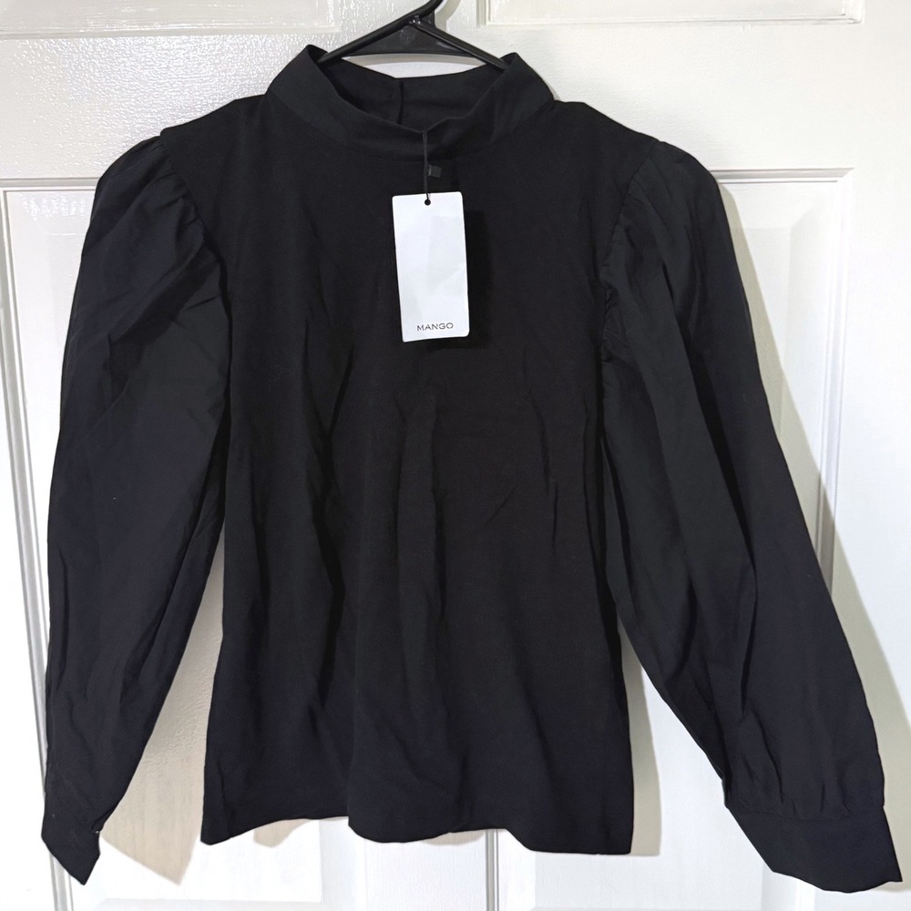 Mango MNG Black Puff Sleeve Mock Neck Top Keyhole Back NWT Size XS